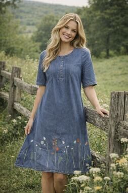 Vintage Vermont Country Store Henley Denim Dress Embroidered Floral Hem S